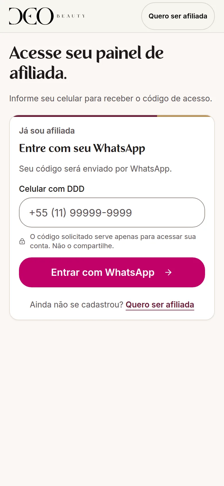 Exemplo da tela para entrar no painel usando WhatsApp