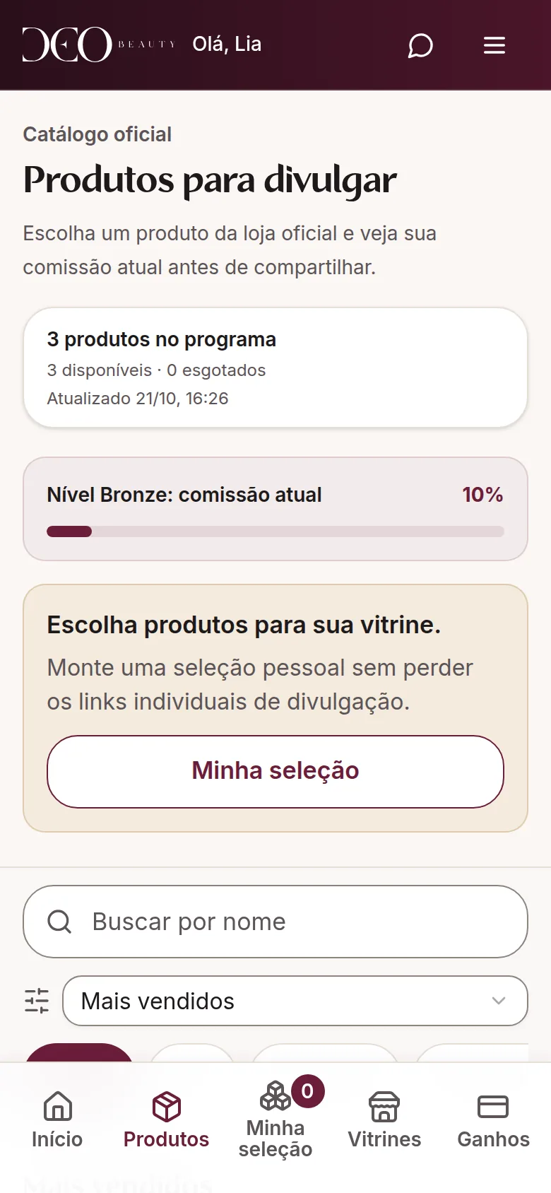 Exemplo do catálogo oficial de produtos no painel