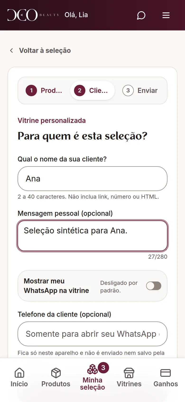 Exemplo do campo para informar o nome da cliente na vitrine