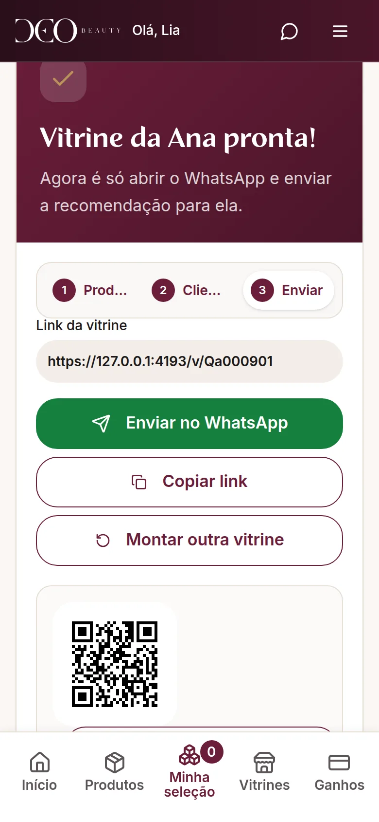 Exemplo da vitrine pronta com o botão Enviar no WhatsApp